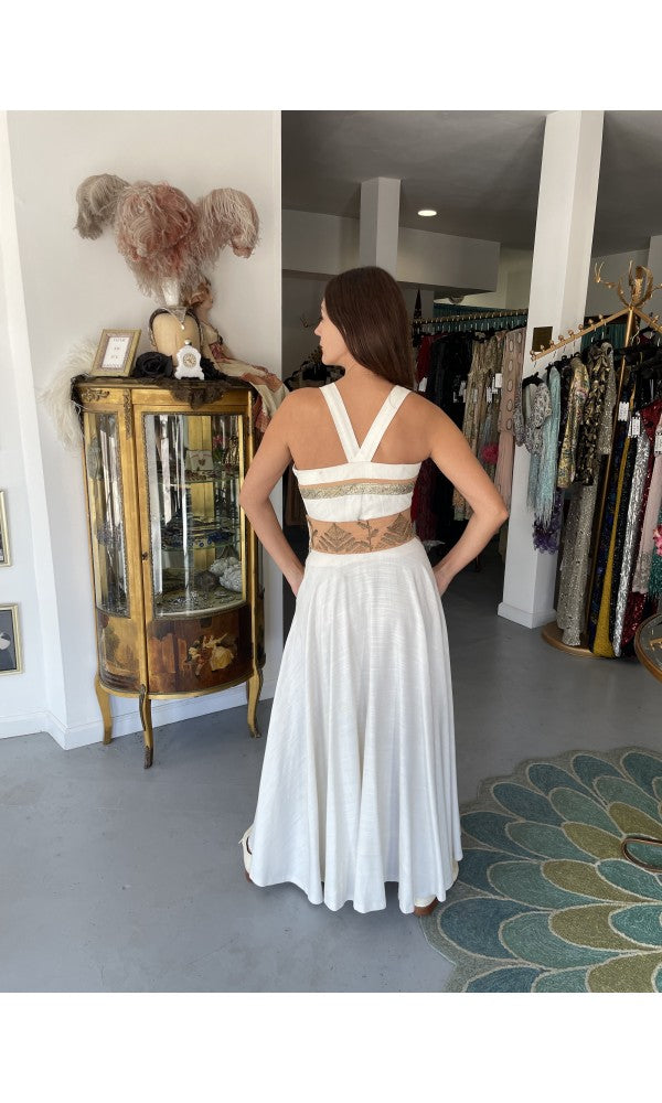 1950&#39;s Lanvin Castillo Couture Metallic Embroidered Ivory Linen Gown Set