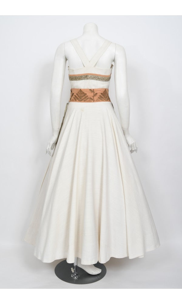 1950&#39;s Lanvin Castillo Couture Metallic Embroidered Ivory Linen Gown Set