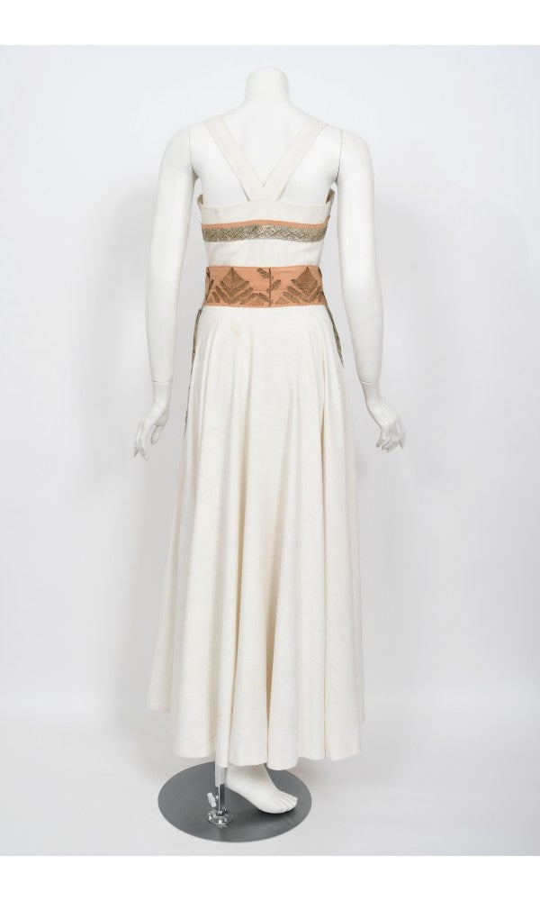 1950&#39;s Lanvin Castillo Couture Metallic Embroidered Ivory Linen Gown Set