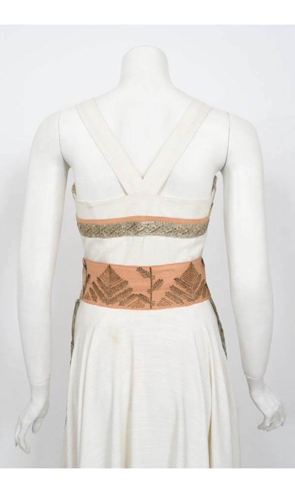 1950&#39;s Lanvin Castillo Couture Metallic Embroidered Ivory Linen Gown Set