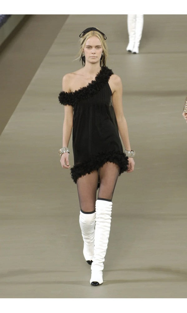 2006 Chanel By Karl Lagerfeld Runway Sheer Black Silk Babydoll Ruffle Mini Dress