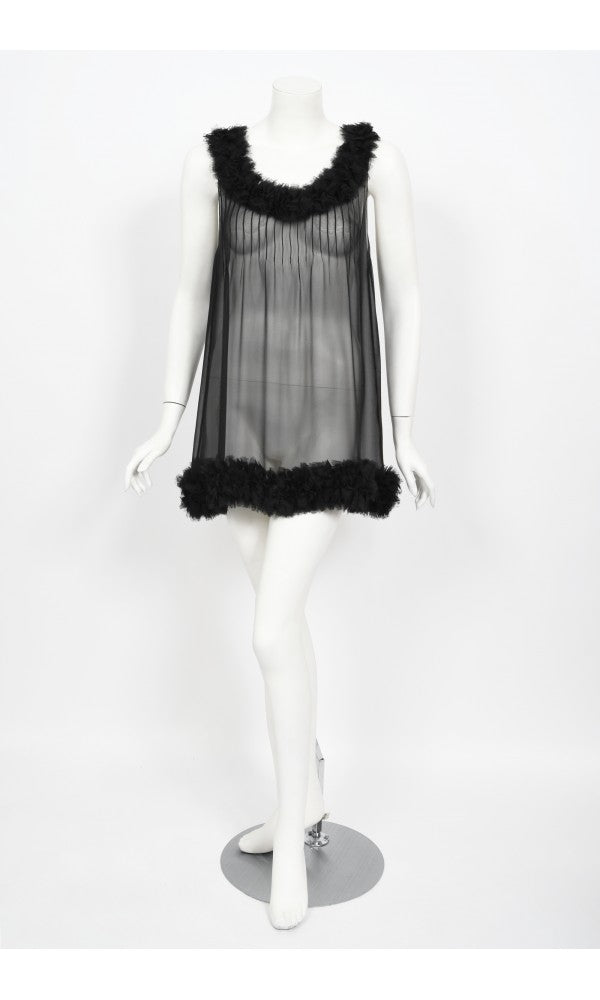 2006 Chanel By Karl Lagerfeld Runway Sheer Black Silk Babydoll Ruffle Mini Dress