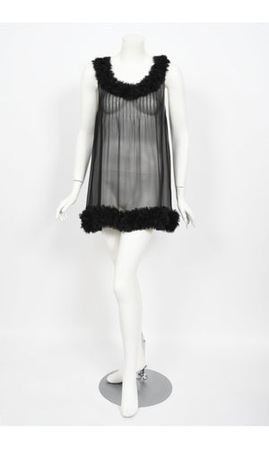 2006 Chanel By Karl Lagerfeld Runway Sheer Black Silk Babydoll Ruffle Mini Dress