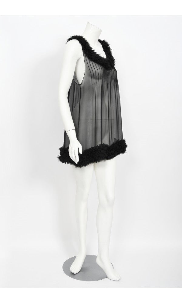 2006 Chanel By Karl Lagerfeld Runway Sheer Black Silk Babydoll Ruffle Mini Dress