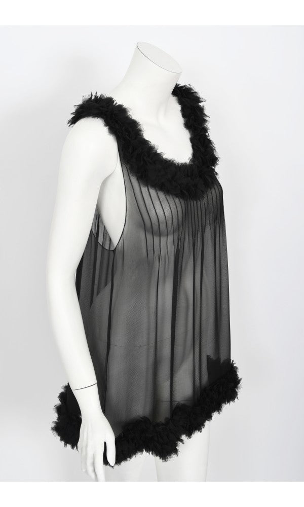 2006 Chanel By Karl Lagerfeld Runway Sheer Black Silk Babydoll Ruffle Mini Dress