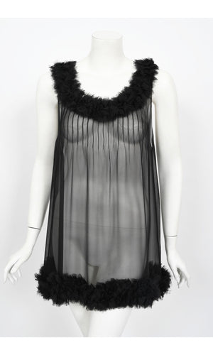 2006 Chanel By Karl Lagerfeld Runway Sheer Black Silk Babydoll Ruffle Mini Dress