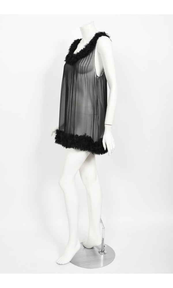 2006 Chanel By Karl Lagerfeld Runway Sheer Black Silk Babydoll Ruffle Mini Dress
