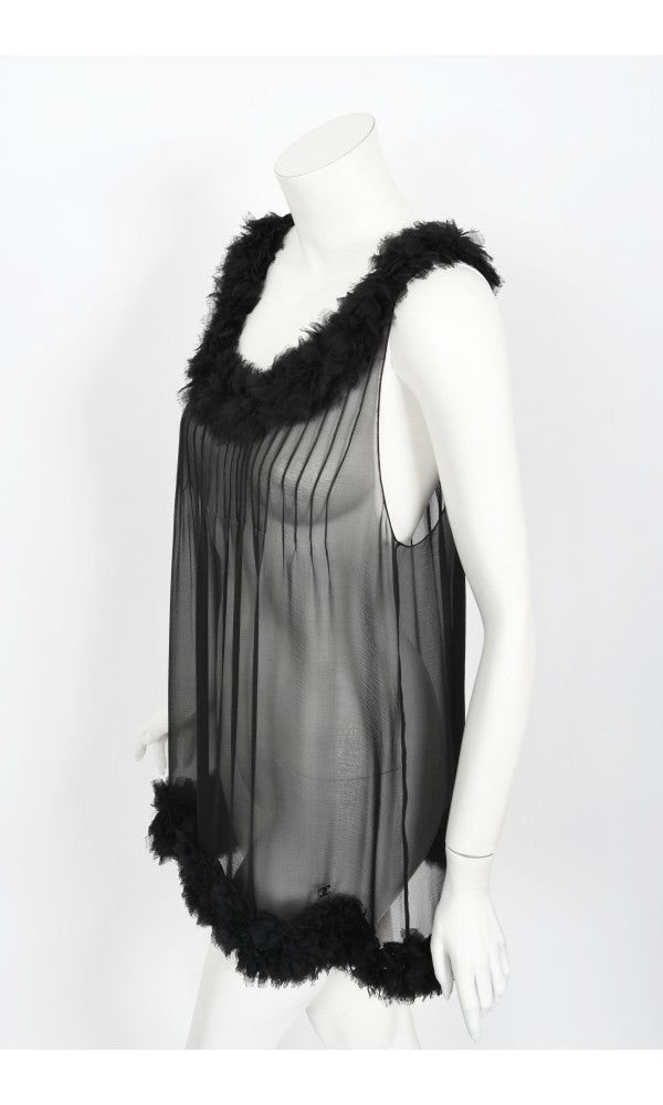 2006 Chanel By Karl Lagerfeld Runway Sheer Black Silk Babydoll Ruffle Mini Dress