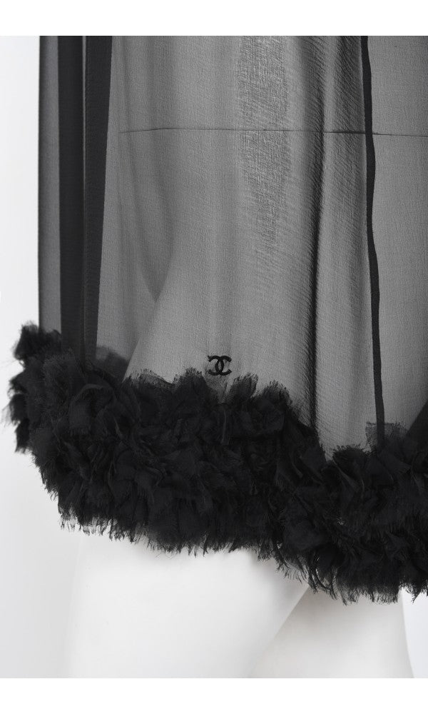 2006 Chanel By Karl Lagerfeld Runway Sheer Black Silk Babydoll Ruffle Mini Dress