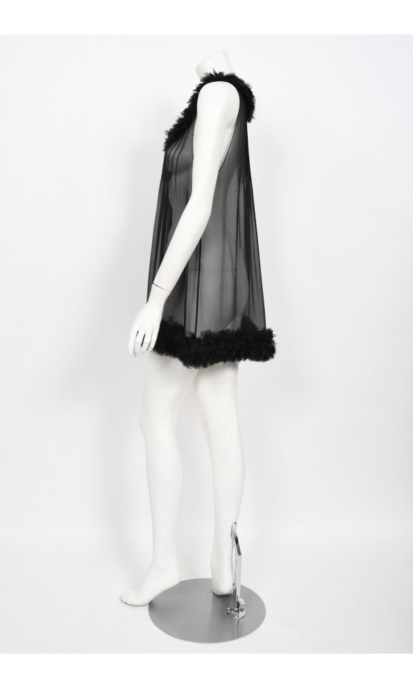 2006 Chanel By Karl Lagerfeld Runway Sheer Black Silk Babydoll Ruffle Mini Dress