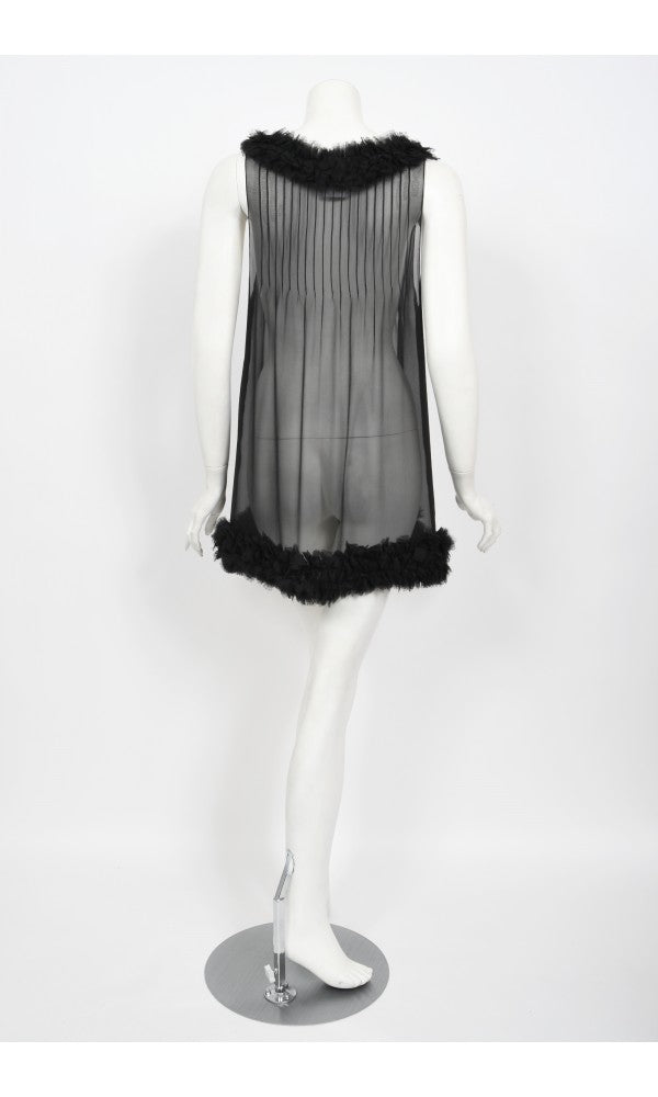 2006 Chanel By Karl Lagerfeld Runway Sheer Black Silk Babydoll Ruffle Mini Dress