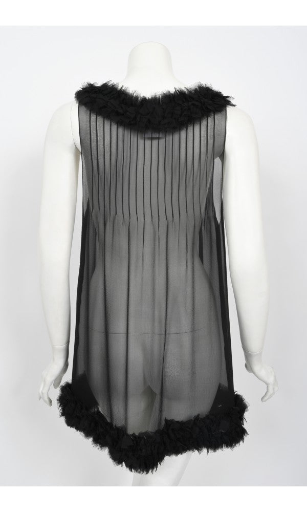 2006 Chanel By Karl Lagerfeld Runway Sheer Black Silk Babydoll Ruffle Mini Dress