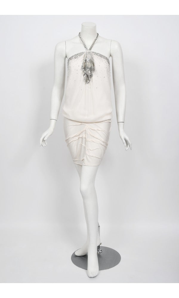 2003 Christian Dior by John Galliano Beaded Ivory Silk Flapper Mini Dress