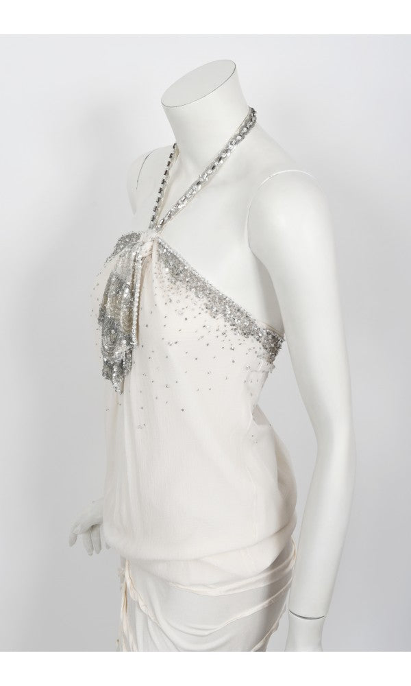 2003 Christian Dior by John Galliano Beaded Ivory Silk Flapper Mini Dress