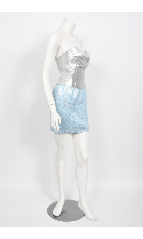 1992 Thierry Mugler Couture Metallic Silver Blue Bustier Mini Skirt Suit