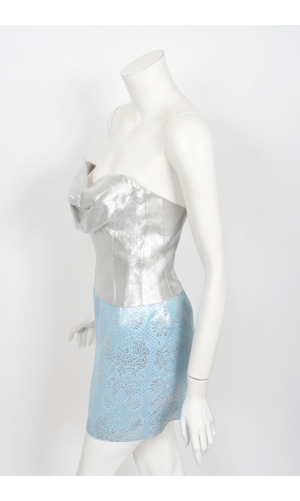 1992 Thierry Mugler Couture Metallic Silver Blue Bustier Mini Skirt Suit