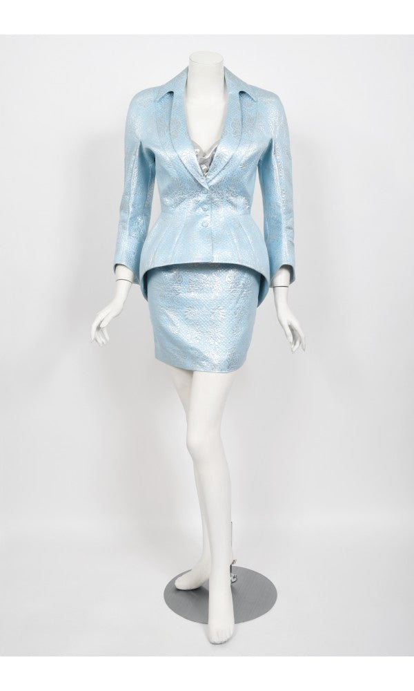 1992 Thierry Mugler Couture Metallic Silver Blue Bustier Mini Skirt Suit