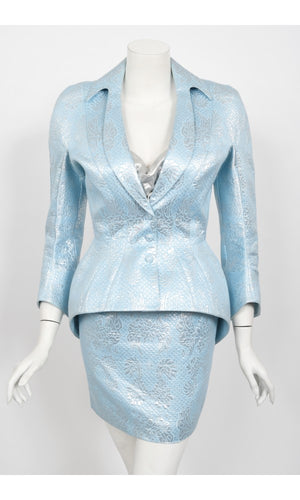 1992 Thierry Mugler Couture Metallic Silver Blue Bustier Mini Skirt Suit