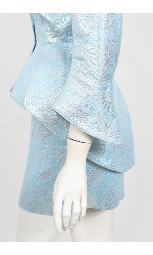 1992 Thierry Mugler Couture Metallic Silver Blue Bustier Mini Skirt Suit