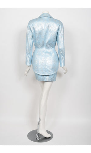 1992 Thierry Mugler Couture Metallic Silver Blue Bustier Mini Skirt Suit