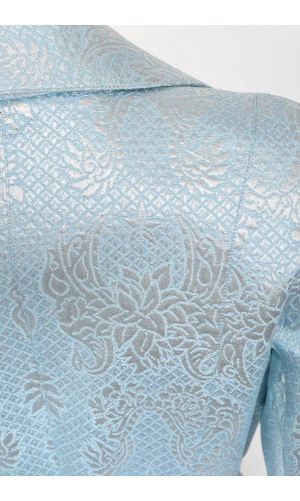 1992 Thierry Mugler Couture Metallic Silver Blue Bustier Mini Skirt Suit