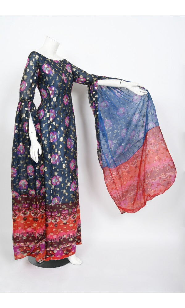 1960&#39;s Tina Leser Metallic Organza Dramatic Angel-Sleeve Psychedelic Gown