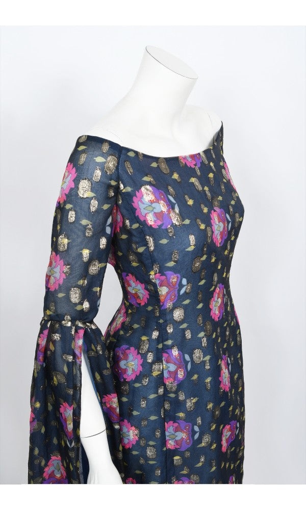 1960&#39;s Tina Leser Metallic Organza Dramatic Angel-Sleeve Psychedelic Gown