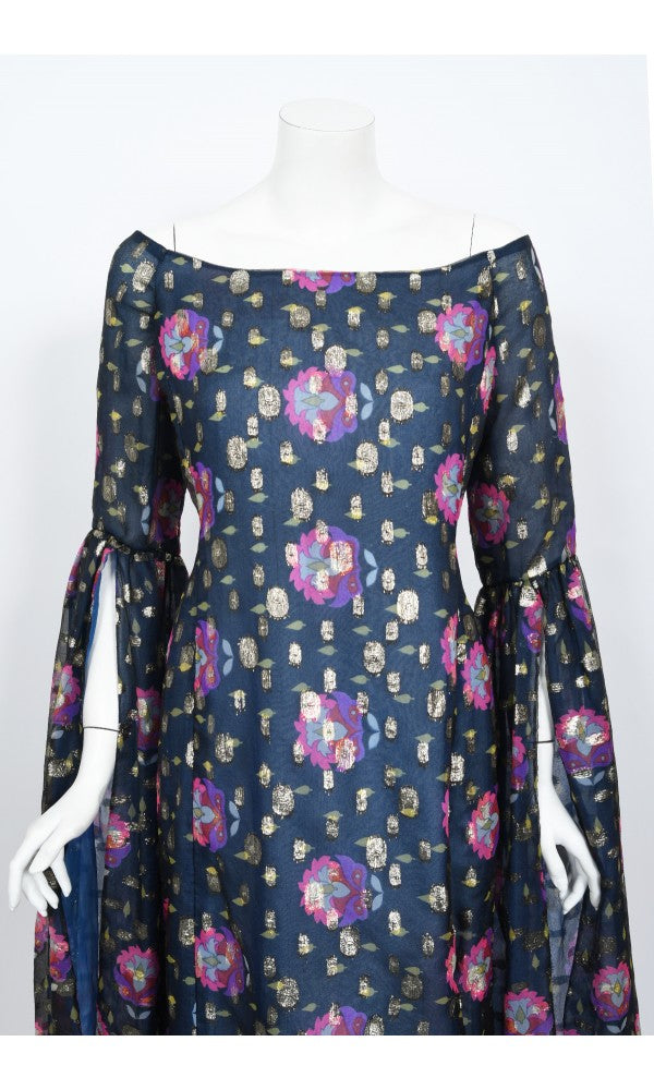 1960&#39;s Tina Leser Metallic Organza Dramatic Angel-Sleeve Psychedelic Gown