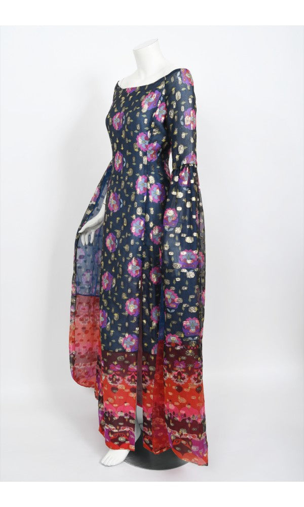 1960&#39;s Tina Leser Metallic Organza Dramatic Angel-Sleeve Psychedelic Gown