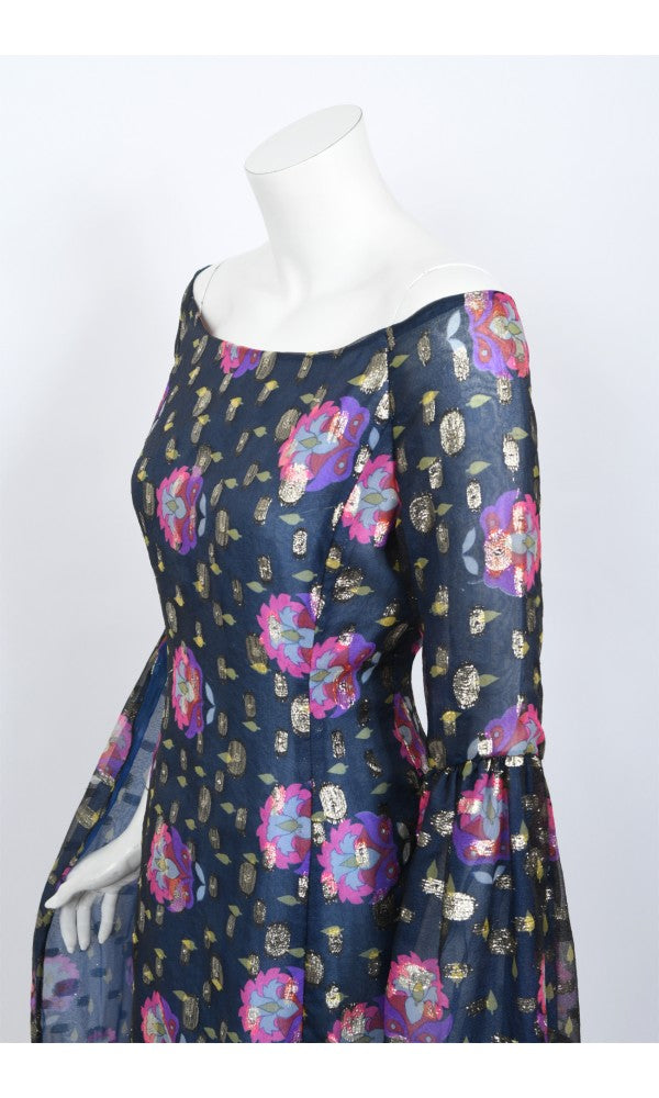 1960&#39;s Tina Leser Metallic Organza Dramatic Angel-Sleeve Psychedelic Gown