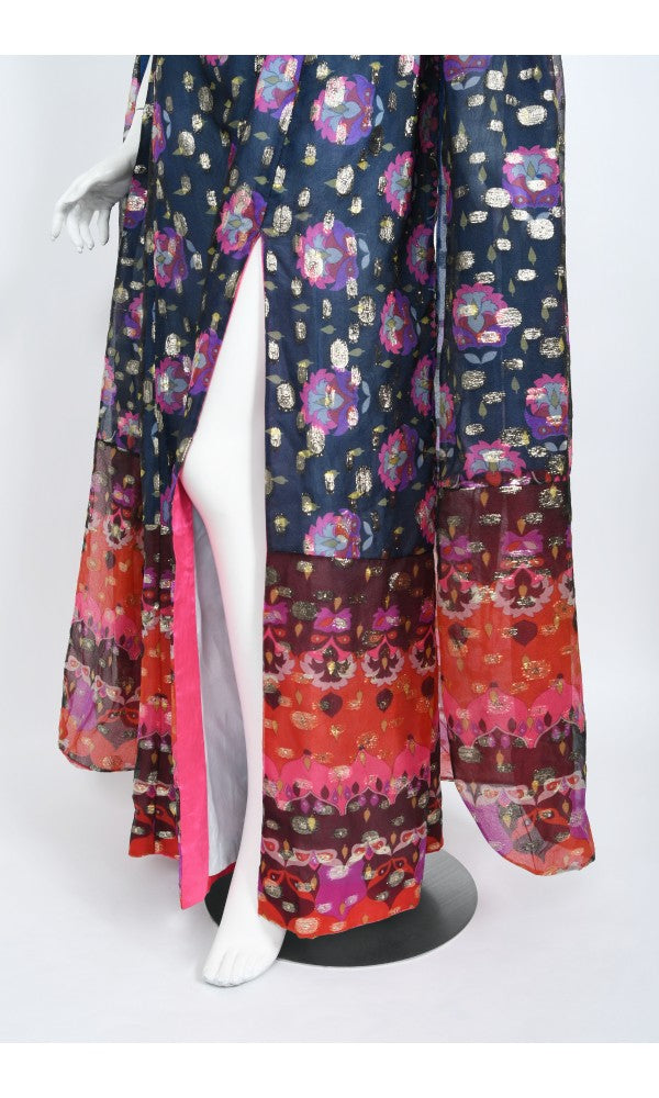 1960&#39;s Tina Leser Metallic Organza Dramatic Angel-Sleeve Psychedelic Gown