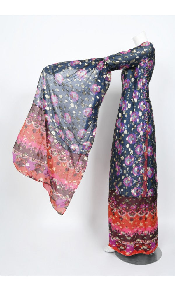 1960&#39;s Tina Leser Metallic Organza Dramatic Angel-Sleeve Psychedelic Gown