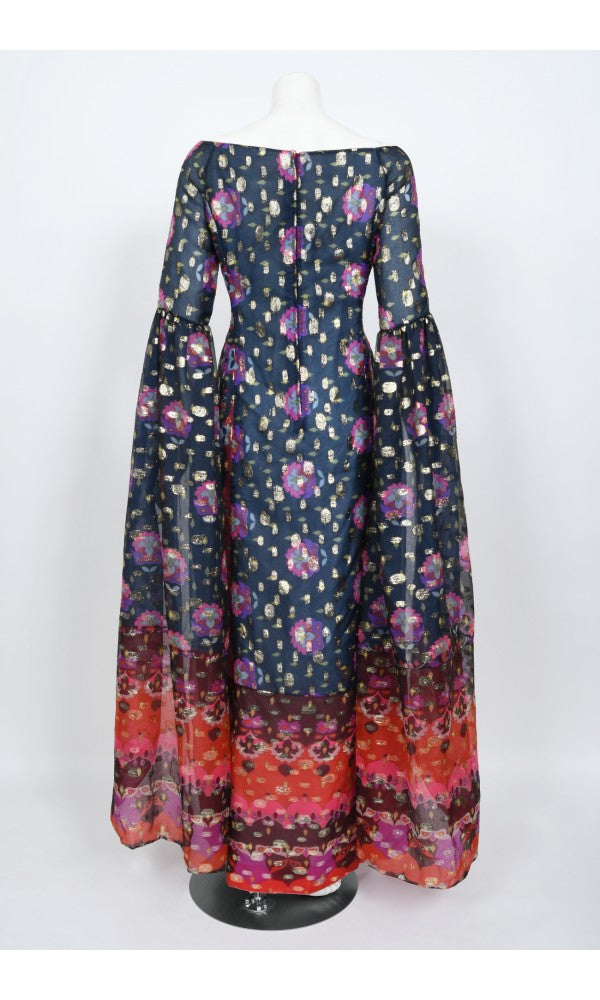 1960&#39;s Tina Leser Metallic Organza Dramatic Angel-Sleeve Psychedelic Gown