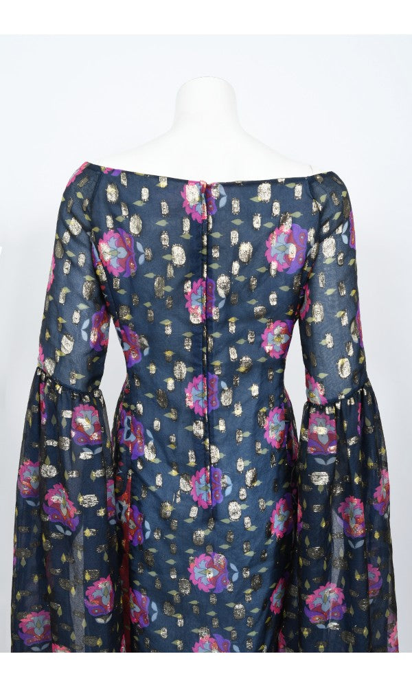 1960&#39;s Tina Leser Metallic Organza Dramatic Angel-Sleeve Psychedelic Gown