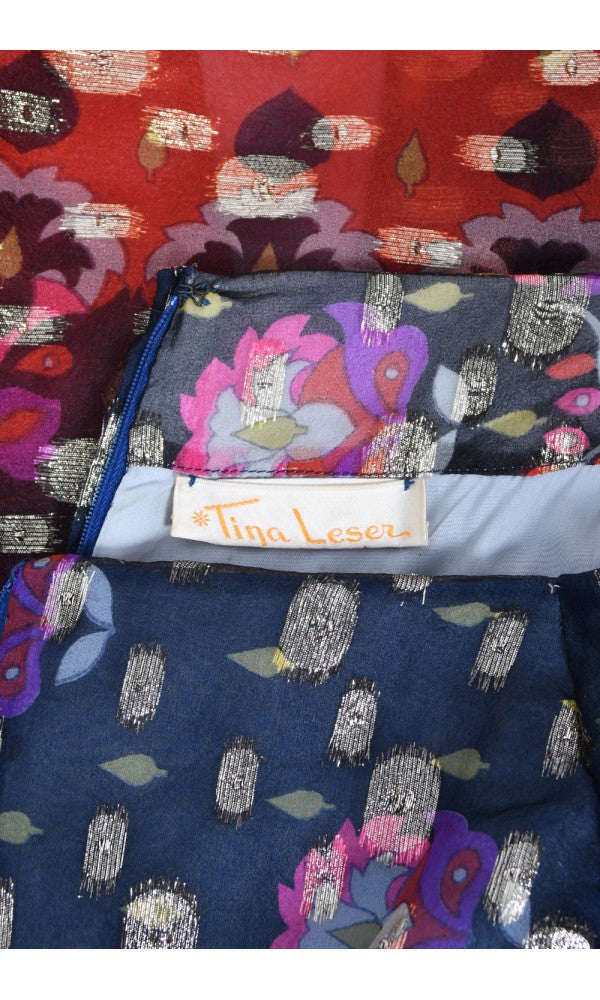 1960&#39;s Tina Leser Metallic Organza Dramatic Angel-Sleeve Psychedelic Gown