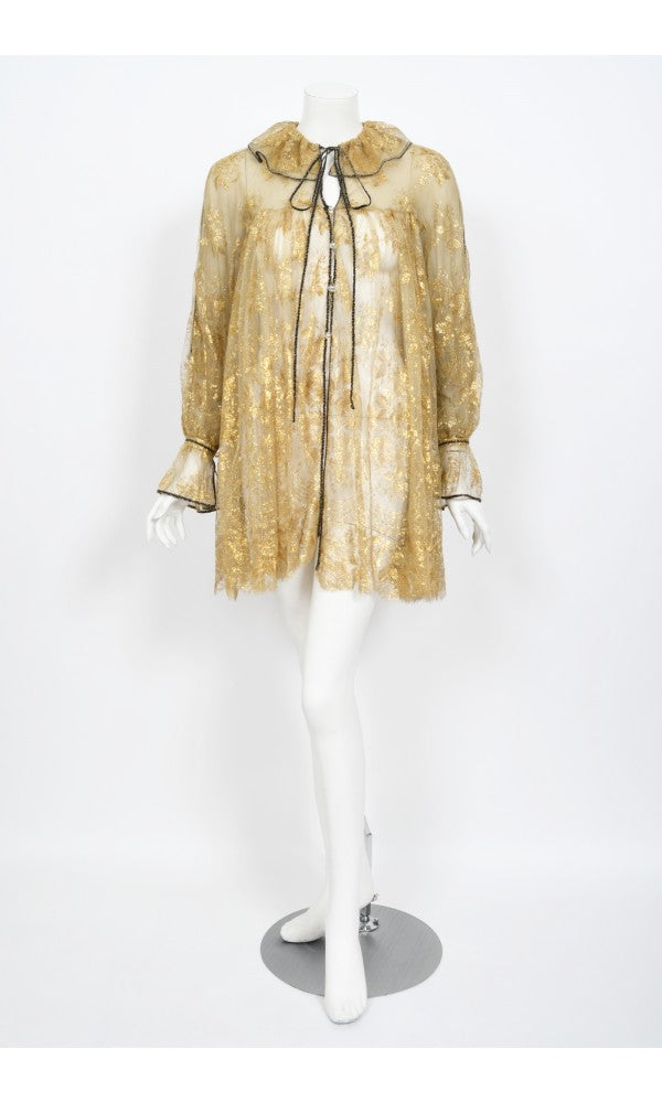 1970's Bill Gibb London Couture Metallic Gold Sheer Lace Babydoll Mini
