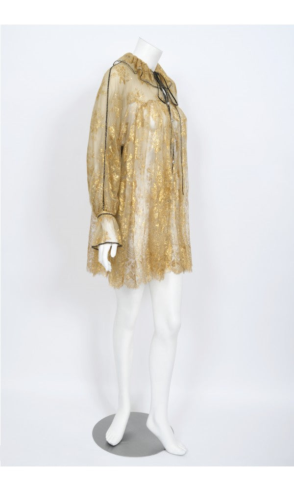1970&#39;s Bill Gibb London Couture Metallic Gold Sheer Lace Babydoll Mini Dress