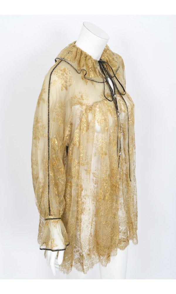 1970&#39;s Bill Gibb London Couture Metallic Gold Sheer Lace Babydoll Mini Dress