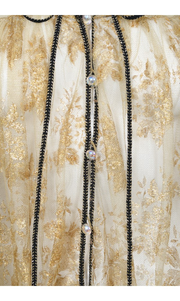 1970&#39;s Bill Gibb London Couture Metallic Gold Sheer Lace Babydoll Mini Dress