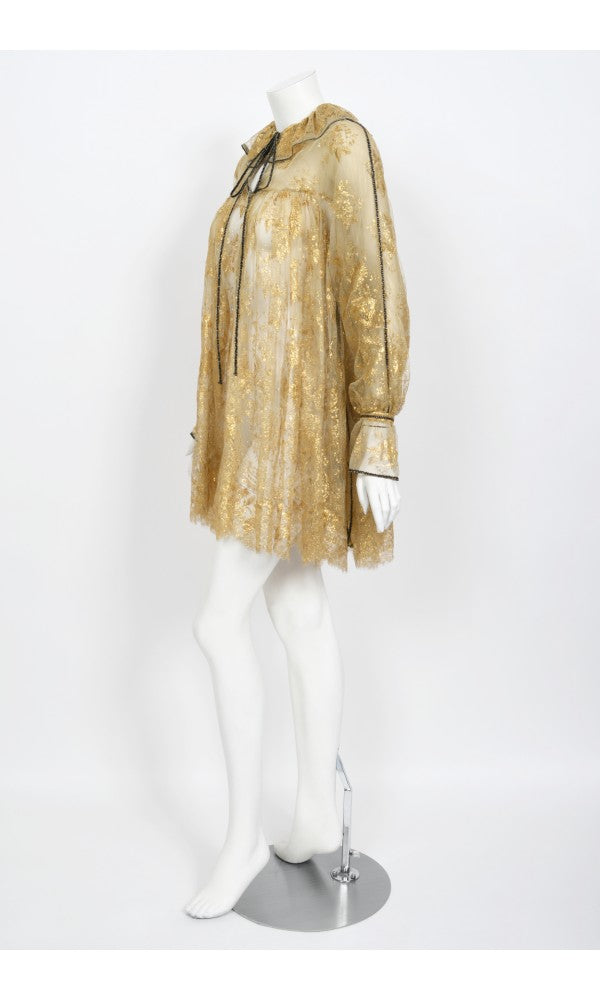 1970&#39;s Bill Gibb London Couture Metallic Gold Sheer Lace Babydoll Mini Dress