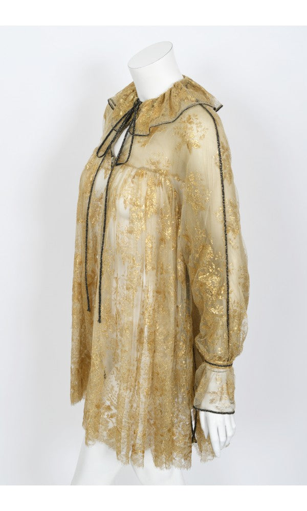 1970&#39;s Bill Gibb London Couture Metallic Gold Sheer Lace Babydoll Mini Dress