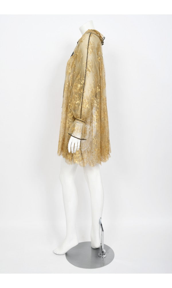 1970&#39;s Bill Gibb London Couture Metallic Gold Sheer Lace Babydoll Mini Dress