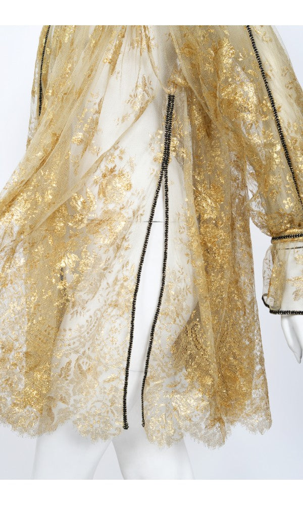 1970&#39;s Bill Gibb London Couture Metallic Gold Sheer Lace Babydoll Mini Dress
