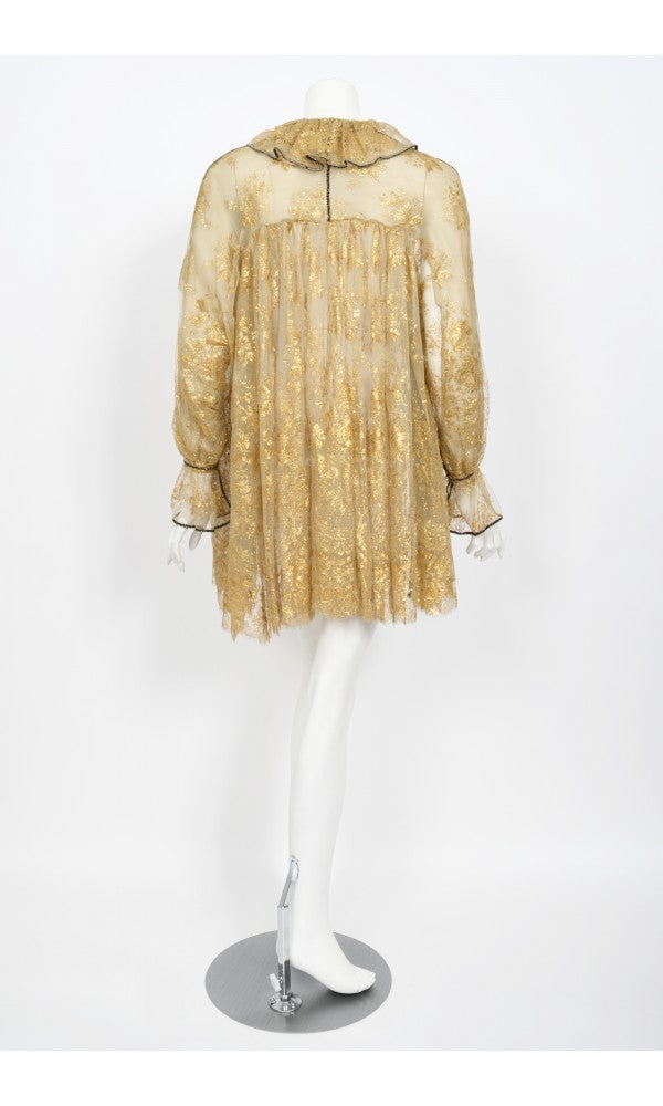 1970&#39;s Bill Gibb London Couture Metallic Gold Sheer Lace Babydoll Mini Dress