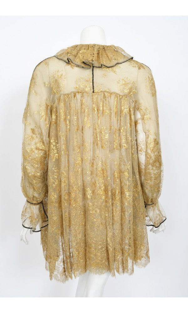 1970&#39;s Bill Gibb London Couture Metallic Gold Sheer Lace Babydoll Mini Dress