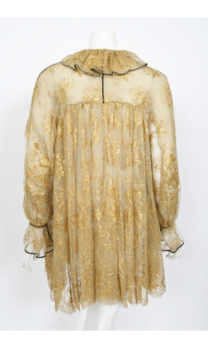 1970's Bill Gibb London Couture Metallic Gold Sheer Lace Babydoll Mini Dress
