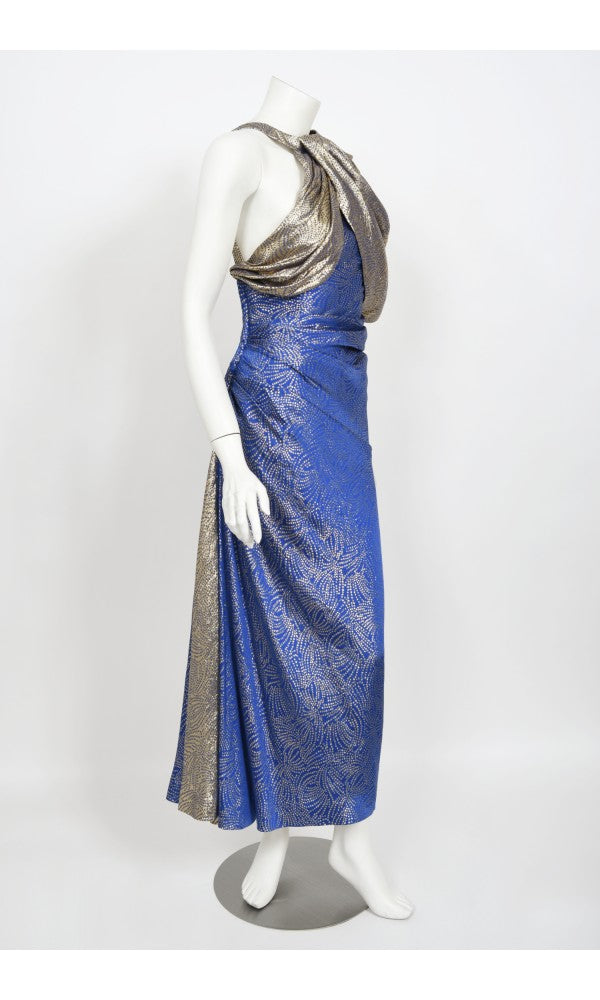 1990's Jacqueline de Ribes Metallic Blue Lurex Silk Asymmetric Bias-Cut Gown