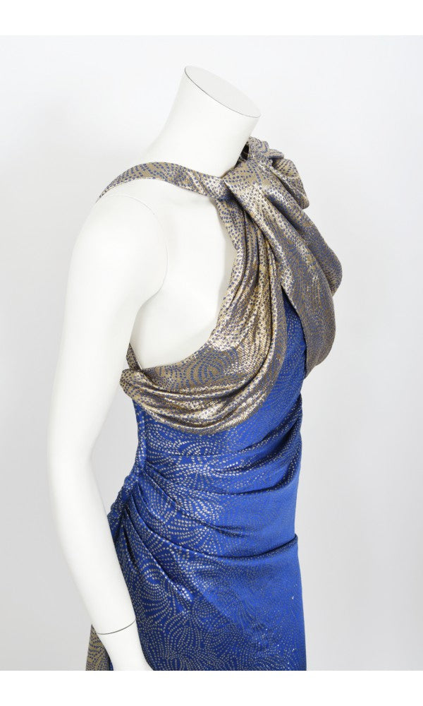 1990's Jacqueline de Ribes Metallic Blue Lurex Silk Asymmetric Bias-Cut Gown