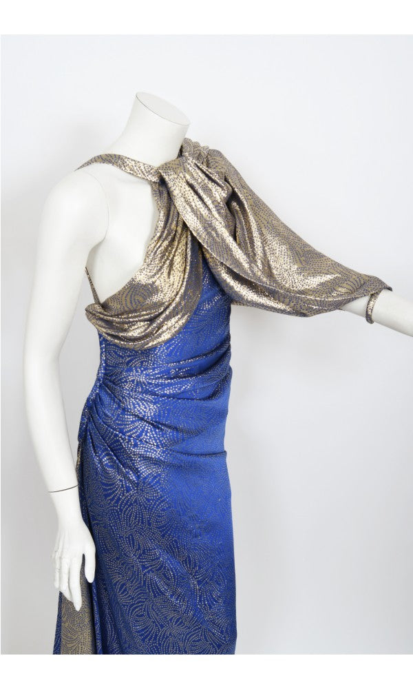 1990's Jacqueline de Ribes Metallic Blue Lurex Silk Asymmetric Bias-Cut Gown