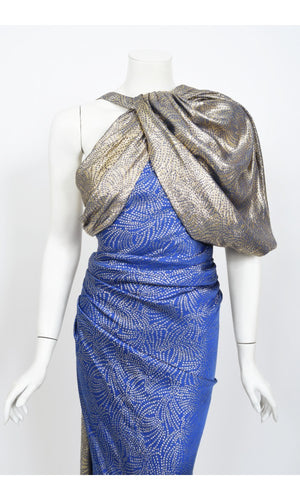 1990's Jacqueline de Ribes Metallic Blue Lurex Silk Asymmetric Bias-Cut Gown